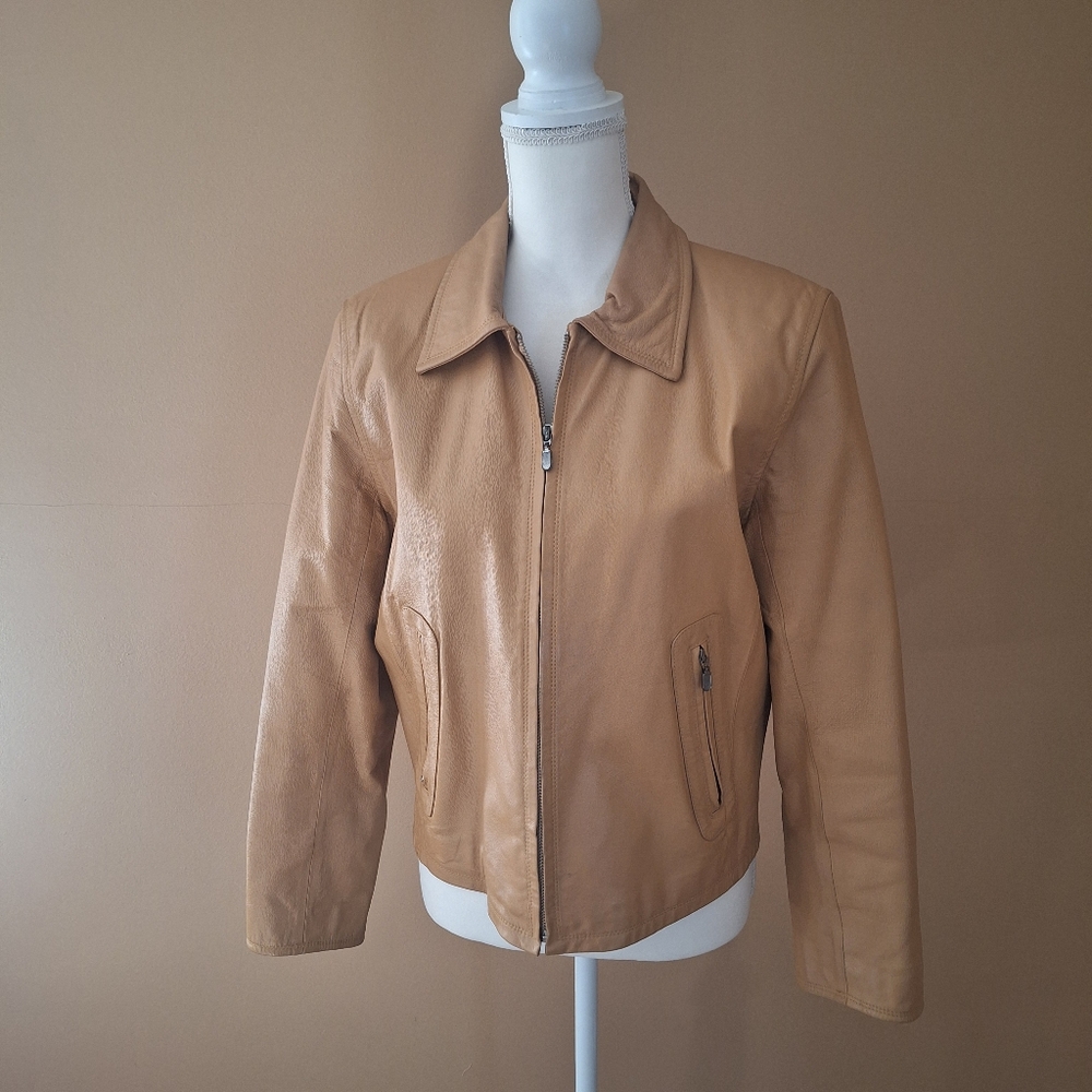 VTG Leather Jacket by Newport News Supple Tan Fully Lined Zip Up Coat Size 8